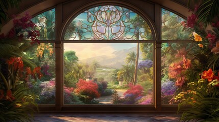  a painting of a window with a view of a tropical garden.  generative ai