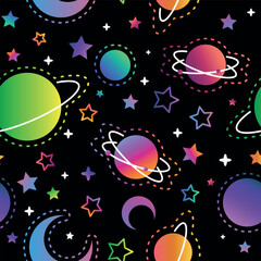 Neon seamless night sky stars pattern. Sketch moon, space planets and hand drawn star vector illustration. Astronomy symbols decorative texture. Cosmic wallpaper, wrapping paper, textile outline desig