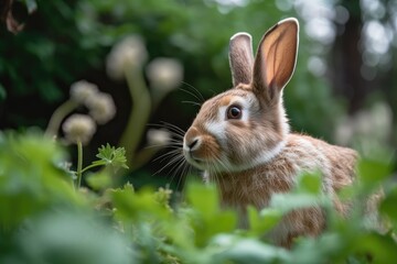 Naklejka na ściany i meble Curious rabbit in lush landscape., generative IA