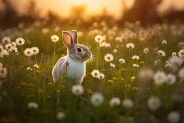 Rabbit playing in spring field among colorful flowers., generative IA