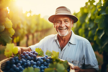 Portrait of happy senior man with basket of grapes in vineyard