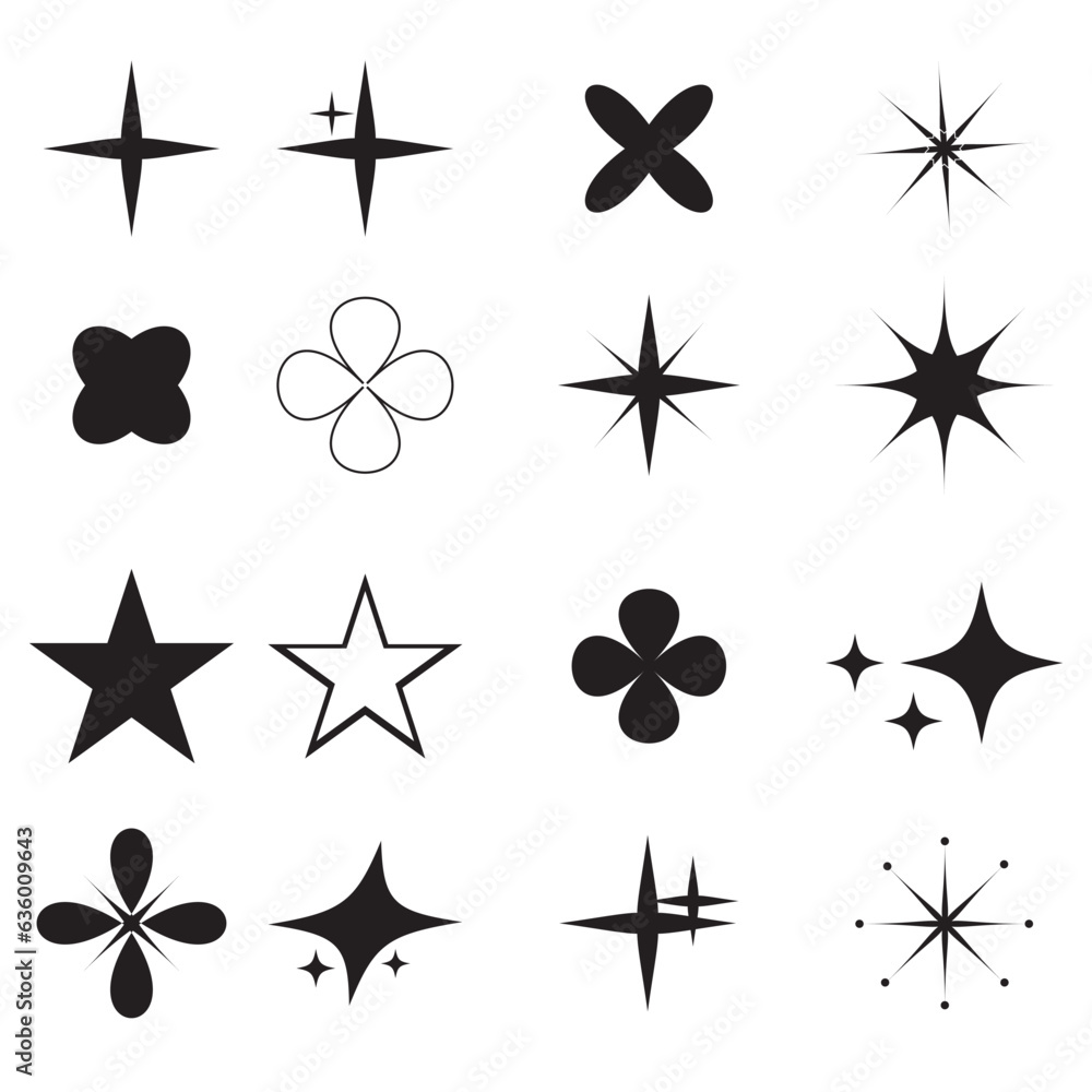Poster vector set of y2k stars, starburst and retro futuristic graphic ornaments for decoration. retro futu