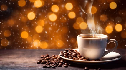 Rolgordijnen Coffee cup latte, espresso, milk foam decorated with autumn winter festive bokeh lightbulb christmas background, coffee beans roasted on a table copy space banner. © Alina Nikitaeva