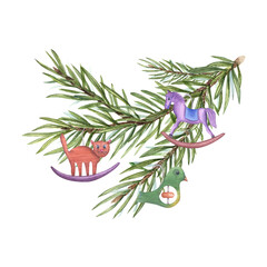 Christmas Tree Branch decorated with Xmas tree toys. Cat, Bird, Horse. Kid Wooden Decorations on Spruce Branch. Watercolor illustration isolated on white background. New Year cards