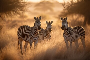 Majestic zebras grazing on the savannah in the sunshine., generative IA