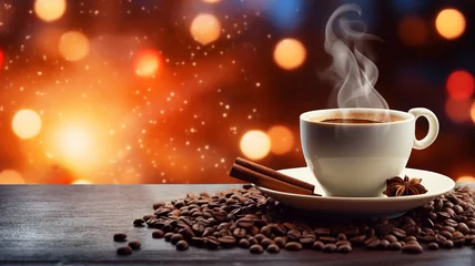 Keuken spatwand met foto Coffee cup latte, espresso, milk foam decorated with autumn winter festive bokeh lightbulb christmas background, coffee beans roasted on a table copy space banner. © Alina Nikitaeva