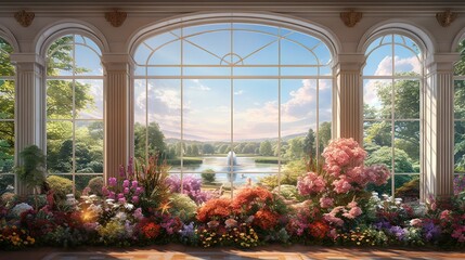 Fototapeta na wymiar a painting of a beautiful garden with a fountain in the background. generative ai