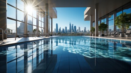 Close-up of the Olympic swimming pool with the cityscape outside the window. 