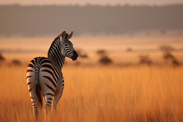Obraz premium Lone zebra on the savannah, surrounded by wildlife., generative IA