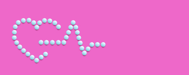A group of blue round pills form a figure on a pink background. Pulse. The theme of healthcare, treatment and prevention of diseases. World Heart Day