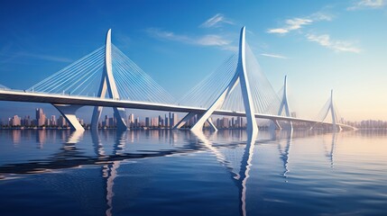  a large bridge spanning over a body of water with tall buildings in the background.  generative ai