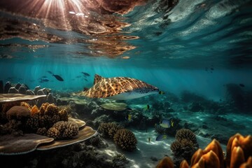 Naklejka na ściany i meble Exotic shoal on colorful reefs; fish gliding gracefully under sunbeams., generative IA