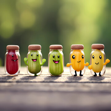 Happy capsules with vitamins in a row smiling