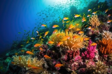 Fototapeta na wymiar School of colorful fish dancing among corals in crystal clear waters., generative IA