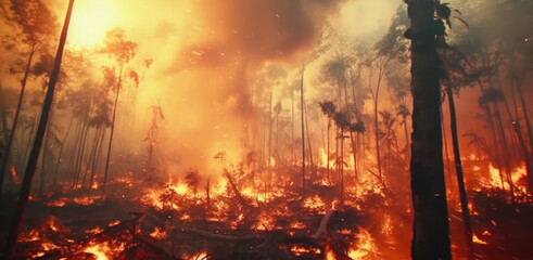 Fires in forest - global climate change Burning rainforest. environmental protection concept - obrazy, fototapety, plakaty