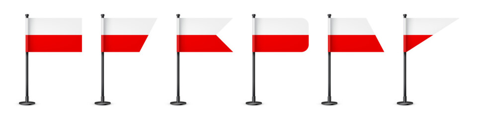 Polish table flags on a black steel pole. Souvenir from Poland. Desk flag made of paper or fabric, shiny metal stand. Mockup for promotion and advertising. Vector illustration
