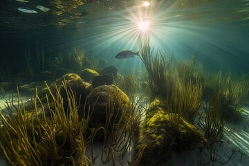 Lone fish gliding between colorful reefs and vibrant shoals. Crystal-clear water and rays of sunshine create a lush scene., generative IA