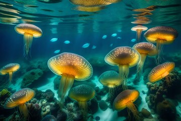 Fototapeta na wymiar The depths of the ocean reveal a mesmerizing world of bioluminescent creatures - AI Generative
