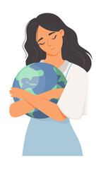 Fototapeta premium Woman cuddling planet earth globe portrait