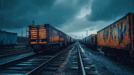 Fototapeta na wymiar Rusty train freight cars on rails, puddles on the ground, dramatic lighting before a thunderstorm in the evening. environmental protection and insurance concept. 