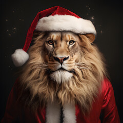 Portrait of a lion in a suit of Santa Claus. Black background
