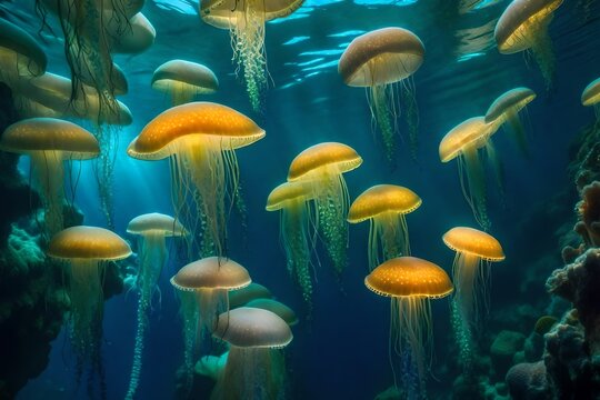 The depths of the ocean reveal a mesmerizing world of bioluminescent creatures - AI Generative