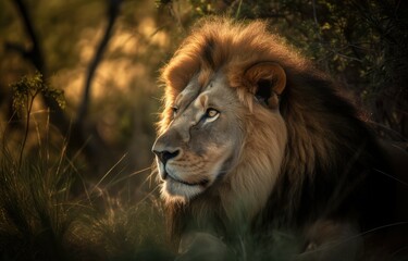 Majestic lion rests on Africa's golden savannah., generative IA