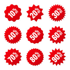 Price tags collection, special offer or shopping discount label with percent, discount percentage value. Red turned retail paper sticker. Promotional sale badge. Vector illustration