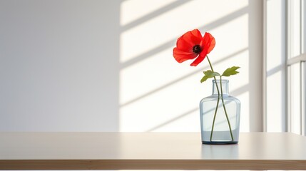  a single red flower in a clear vase on a table.  generative ai