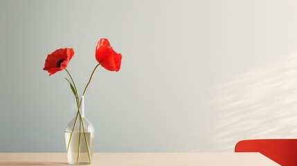  two red flowers are in a vase on a wooden table.  generative ai