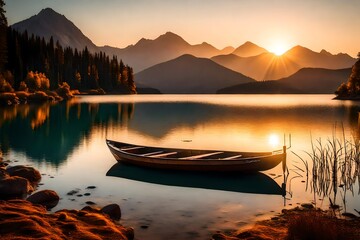 The sun sets behind the tranquil lake, casting a warm golden glow over the towering mountains - AI Generative - Powered by Adobe