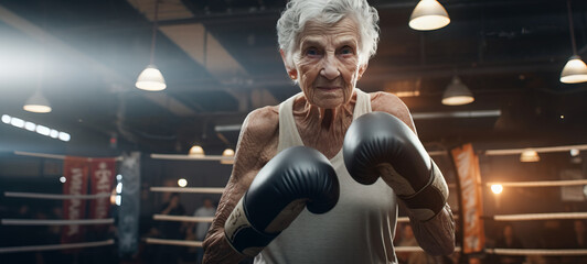Fototapeta na wymiar Older grandma senior at the boxing gym training. Concept of Active aging, senior fitness, unconventional training, boxing workout, grandma's determination, health and wellness.