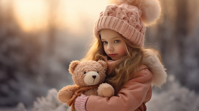 Young girl in pink outfit hugging her teddy bear plushie in a snowy forest