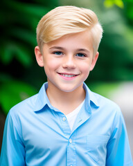 Outdoor Portrait of Caucasian Blonde-Haired Blue-Eyed Handsome Young Boy in a Blue Shirt