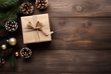 Christmas composition background on wood table with gift boxes and pine branches with cones. Top view with copy space, ai