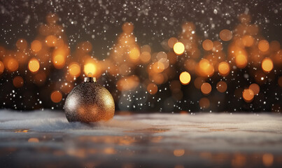 Golden Christmas Bauble on Snow with Festive Bokeh Lights Background. Christmas concept with copy...