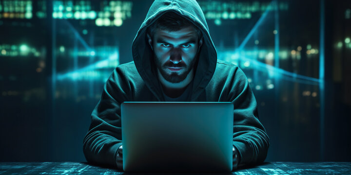 Hacker in hood stealing data from laptop with binary code background concept