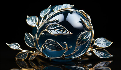 Blue glass flower object on dark background. AI generated