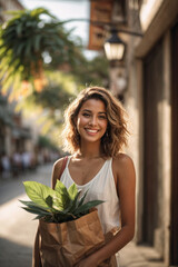 young woman smiling holding a plant in her hands, buy green