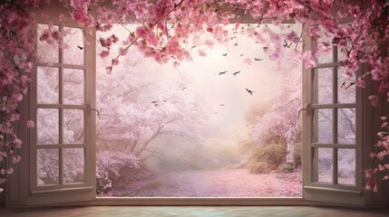  an open window with a view of a pink forest and birds.  generative ai