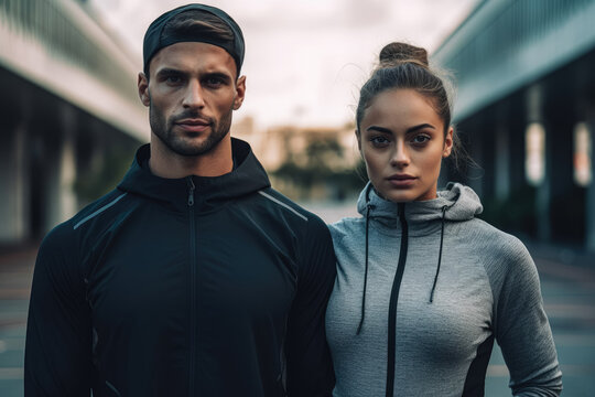 Athletic couple woman and man training and doing physical fitness outdoors. The concept of taking care of figure and health. Generative Ai, Ai.