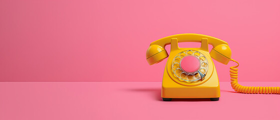 Vintage Rotary phone yellow color on pink color background. 80s or 90s retro fashion aesthetic concept. Copy space