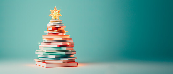 Christmas pine tree made of pile of books for Christmas books festivals or sales of bookstores. Creative design in shape of decorated fir tree with Retro baubles and balls. Copy space