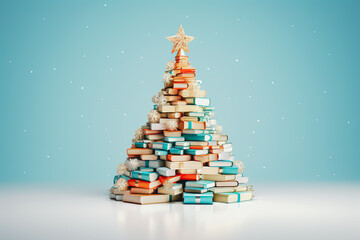 Christmas pine tree made of pile of books for Christmas books festivals or sales of bookstores. Creative design in shape of decorated fir tree with Retro baubles and balls