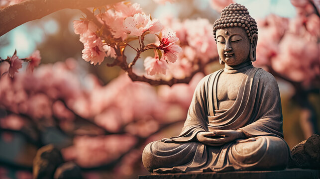 beautiful cherry blossoms around the buddha statue in springtime, sunshine on idyllic garden with cherry tree and buddha on blurred sky background with copy space.