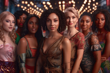 Positive and diverse multiracial women dressed in lingerie look at the camera together, radiating confidence and inclusivity. Generative Ai, Ai.