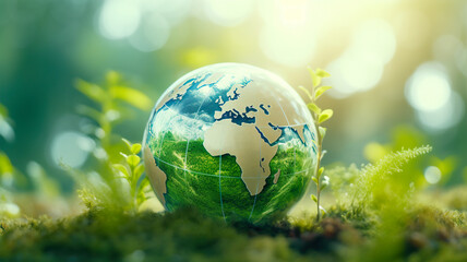 Obraz na płótnie Canvas Globe on green moss with bokeh background. save earth concept