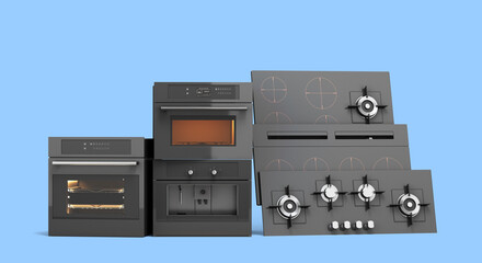 Obraz premium built-in electric and gas cooking surfaces and ovens 3d render on blue
