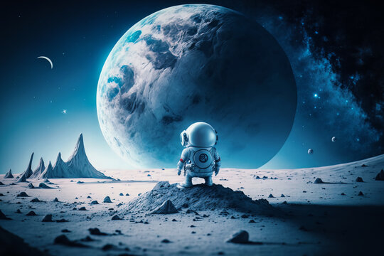Generative AI of a cartoon astronaut standing on moon surface and looking at the sky full of stars and a big planet.