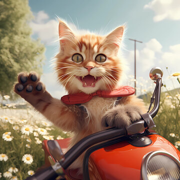 Cute red tabby kitten driving a bike and waving the paw